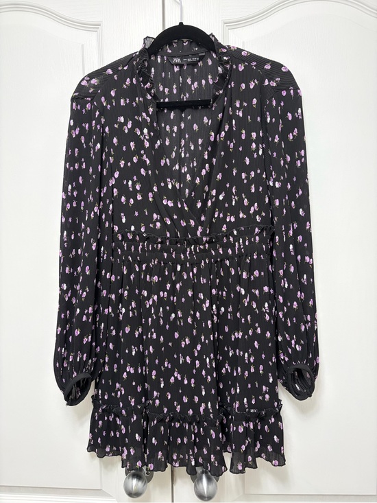 Zara Dresses & Skirts - Zara Black Dress with Purple Floral Print, Long Sleeves